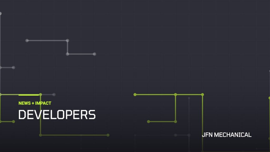 JFN Mechanical News + Impact, Developers category graphic with pipe schematic linework