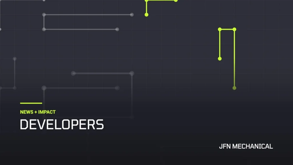 JFN Mechanical News + Impact graphic, Developers category, with pipe schematic linework